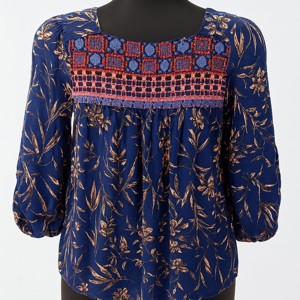 Anthropologie Mixed Knit Woven Floral Blouse Blue Pink XSP